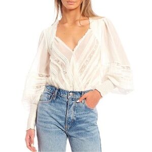 Free People Intimately Eloise Bodysuit Puff Sleeve Lace & Pleated Details New